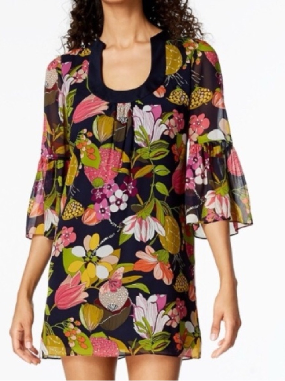 Trina Turk. Silk Bonita Dress. Navy Floral. Size small.